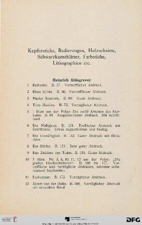 Kupferstiche, Radierungen, Holzschnitte, Schwarzkunstblätter, Farbstiche, Lithographien etc. (Nr. 1-377)