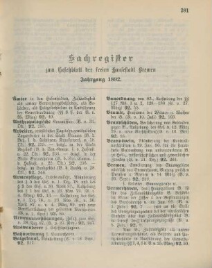 Sachregister zum Gesetzblatt der freien Hansestadt Bremen Jahrgang 1892