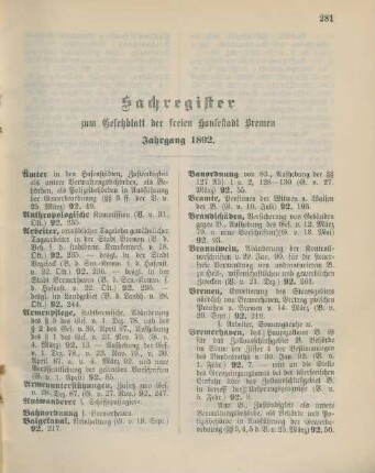 Sachregister zum Gesetzblatt der freien Hansestadt Bremen Jahrgang 1892