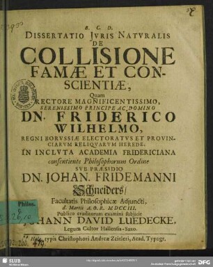 Dissertatio Iuris Naturalis De Collisione Famae Et Conscientiae