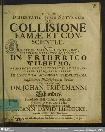 Dissertatio Iuris Naturalis De Collisione Famae Et Conscientiae