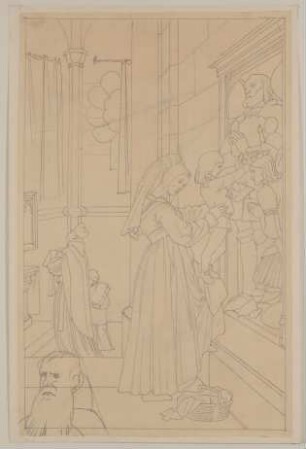 Johannes mit seiner Mutter in der St. Georgen-Kapelle des Klosters [Illustration zu Clemens Brentanos "Chronika eines fahrenden Schülers"]