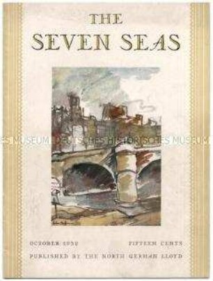 Monatszeitschrift des Norddeutschen Lloyd "The Seven Seas" u.a. mit Porträtfotos von Transatlantik-Passagieren der "Bremen"