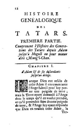 Chapitre I. D'Adam & de ses descendants jusqu'au deluge