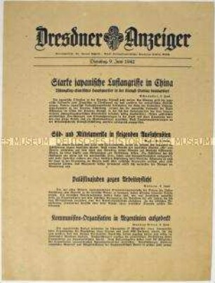 Nachrichtenblatt "Dresdner Anzeiger" u.a. zu japanischen Luftangriffen auf China