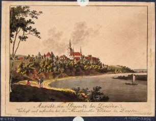 Blick vom linken Elbufer auf die Kirche in Briesnitz bei Dresden (um 1260, 15. Jh., Turm 1602, vor dem neogot. Umbau durch Möckel 1881/82)