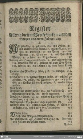 Register Aller in diesem Wercke vorkommenden Speisen und deren Zubereitung