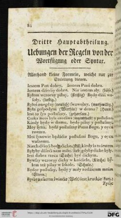 Dritte Hauptabtheilung: Uebung der Regeln von der Wortfügung oder Syntax
