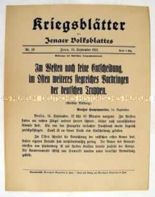 Extrablatt des "Jenaer Volksblattes" mit Kriegsnachrichten von verschiedenen Fronten