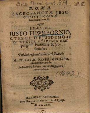 Sacrosanctae Jesu Christi Coenae Succincta Synopsis