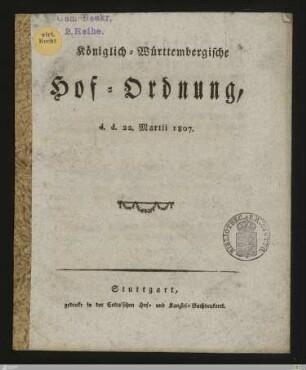 Königlich-Württembergische Hof-Ordnung : d. d. 22. Martii 1807