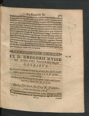 Ex D. Gregorii Nysseni Episcopi Fratris Basilii Magni Operibus.