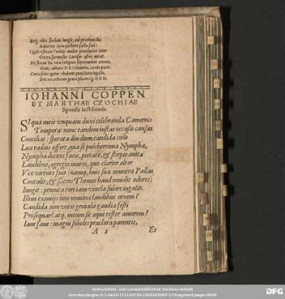 Johanni Coppen Et Marthae Czochiae Sponsis lectissimis.