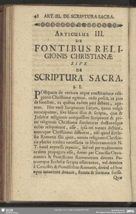 Articulus III. De Fontibus Religionis Christianae Sive De Scriptura Scra