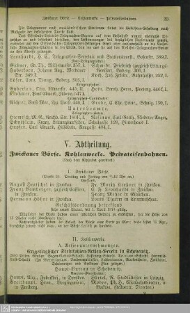 V. Abtheilung. Zwickauer Börse, Kohlenwerke. Privateisenbahnen