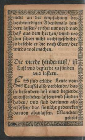 Die vierde hindernuß/ ist Lust und begierde zu sünden und lastern.