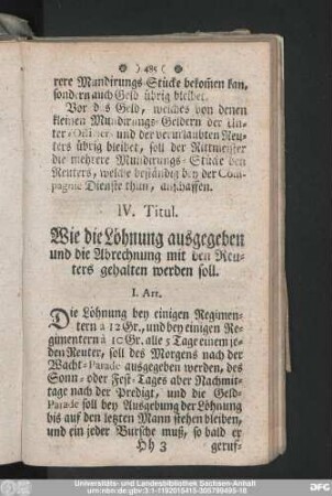 IV. Titul. Wie die Löhnung ausgegeben und die Abrechnung mit den Reuters gehalten werden soll.