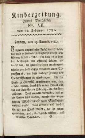 Kinderzeitung. Drittes Vierteljahr. Nro. VII. vom 12. Februar. 1781.