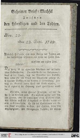 Geheimer Brief-Wechsel zwischen den Lebendigen und den Todten Nro. 25