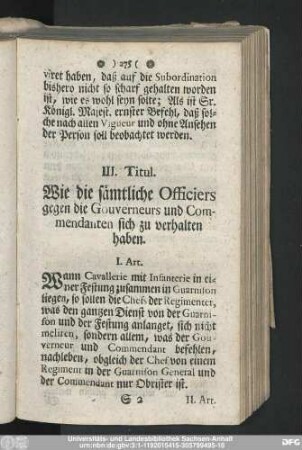 III. Titul. Wie die sämtliche Officiers gegen die Gouverneurs und Commendanten sich zu verhalten haben.