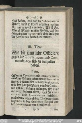 III. Titul. Wie die sämtliche Officiers gegen die Gouverneurs und Commendanten sich zu verhalten haben.