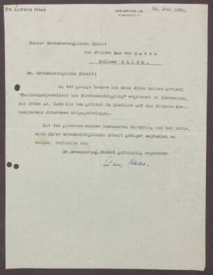 Schreiben von Ludwig Haas an Prinz Max von Baden; Übersendung des Artikels: "Reichsbankpräsident und Fürstenabfindung" von Ludwig Haas