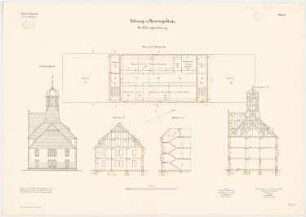 Pionierkaserne, Graudenz Fahrzeug- und Kammergebäude: Grundriss 2. Obergeschoss, Aufriss Nordansicht, Querschnitte 1:100