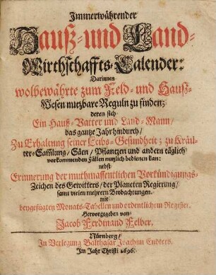 Immerwährender Hauß- und Landwirthschaffts-Calender : darinnen wolbewährte zum Feld- und Hauß-Wesen nutzbare Reguln zu finden, deren sich ein Hauß-Vatter und Land-Mann, das gantze Jahr hindurch ... nutzlich bedienen kan ...