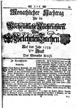 Monathlicher Nachtrag [...] Vtes Stuck Des Monaths Maji