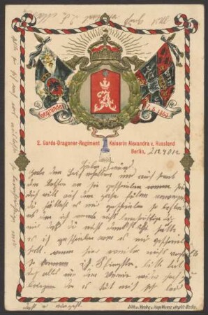 Ansichtskarte "2. Garde-Dragoner-Regiment Kaiserin Alexandra v. Russland", Kranz und Fahnen