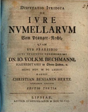 Dispvtatio Ivridica De Ivre Nvmellarvm : = Vom Pranger-Recht