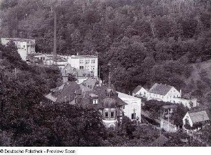 Pappritz (Dresden-Pappritz), Helfenberger Grund. Chemische Fabrik Helfenberg AG und Wohnhaus mit Restaurant "Hilfenburg". Blick nach Osten