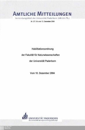Habilitationsordnung der Fakultät für Naturwissenschaften der Universität Paderborn : vom 10. Dezember 2004