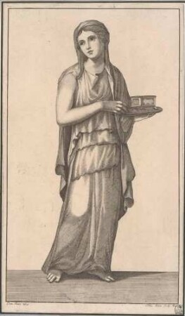 Weibliche Gestalt mit Kästchen, Abb. 90 aus: Disegni intagliati in rame di pitture antiche ritrovate nelle scavazioni di Resina, Neapel 1746