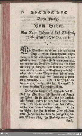 Vierte Predigt. Vom Gebet : Am Tage Johannis des Täufers, 1766. Evangel. Luc. 1, 57.u.f.