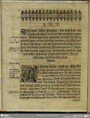 Leichenpredigt : Christliche Leich-Predigt. Erwählter Leichen-Text. Anfang. DeI. De II. Usus