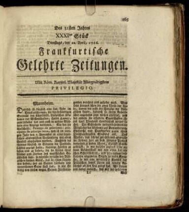 XXXItes Stück Dienstags, den 22. April, 1766. - XLtes Stück Freytags, den 23. May, 1766.