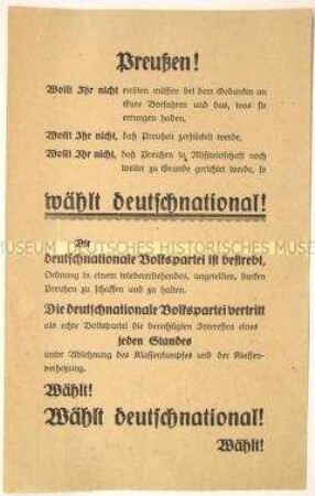 Programmatischer Wahlaufruf der Deutschnationalen Volkspartei zur Preußenwahl