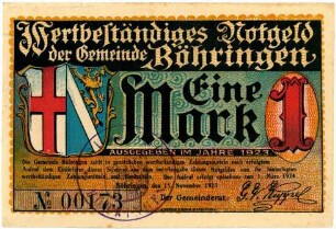 Geldschein / Notgeld, 1 Mark, 15.11.1923