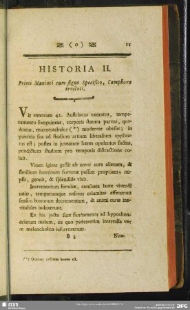 Historia II. Primi Maniaci cum signo Specifico, Camphora tractati