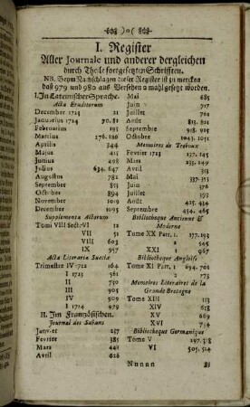 I. Register Aller Journale und anderer dergleichen durch Theile fortgesetzten Schrifften.
