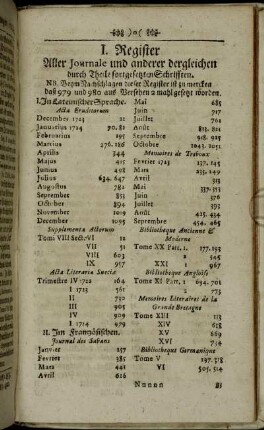 I. Register Aller Journale und anderer dergleichen durch Theile fortgesetzten Schrifften.