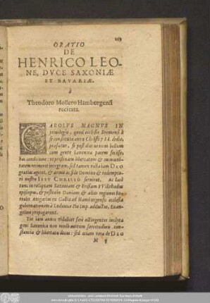 Oratio De Henrico Leone, Duce Saxoniae Et Bavariae à Theodoro Mollero Hamburgensi recitata.