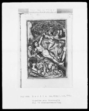 Gebetbuch — Folge von Passionsszenen nach Stichen Schongauers — Kreuzannagelung, Folio 18recto