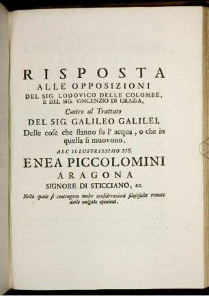 Risposta Alle Opposizioni Del Sig Lodovico Delle Colombe.