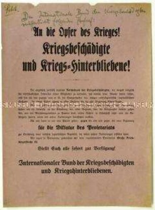 Flugblatt des Internationalen Bundes der Kriegsbeschädigten und Kriegshinterbliebenen gegen den Reichsbund der Kriegsbeschädigten im Zuge des Lüttwitz-Kapp-Putsches