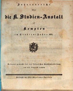 Jahresbericht über die Königl. Studien-Anstalt zu Kempten : für das Schuljahr ... 1837/38