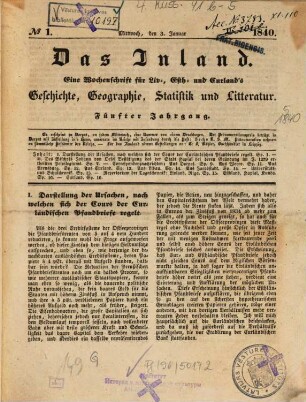 Das Inland : eine Wochenschrift für d. Tagesgeschichte Liv-, Esth- u. Kurlands. 5, 5. 1840