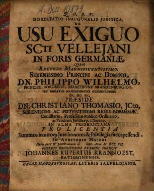 Dissertatio Inauguralis Juridica De Usu Exiguo SCti Vellejani In Foris Germaniae