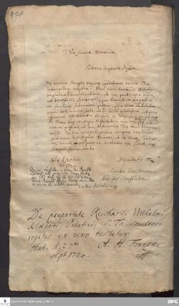 Testimonium von August Hermann Francke für Reichard Wilhelm Klöber.